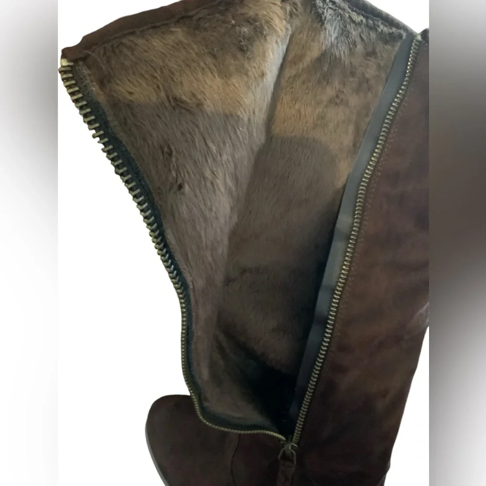 Faux Suede Boots Zip up fur lined  knee high - brown size 5 1/2 - Picture 4 of 6
